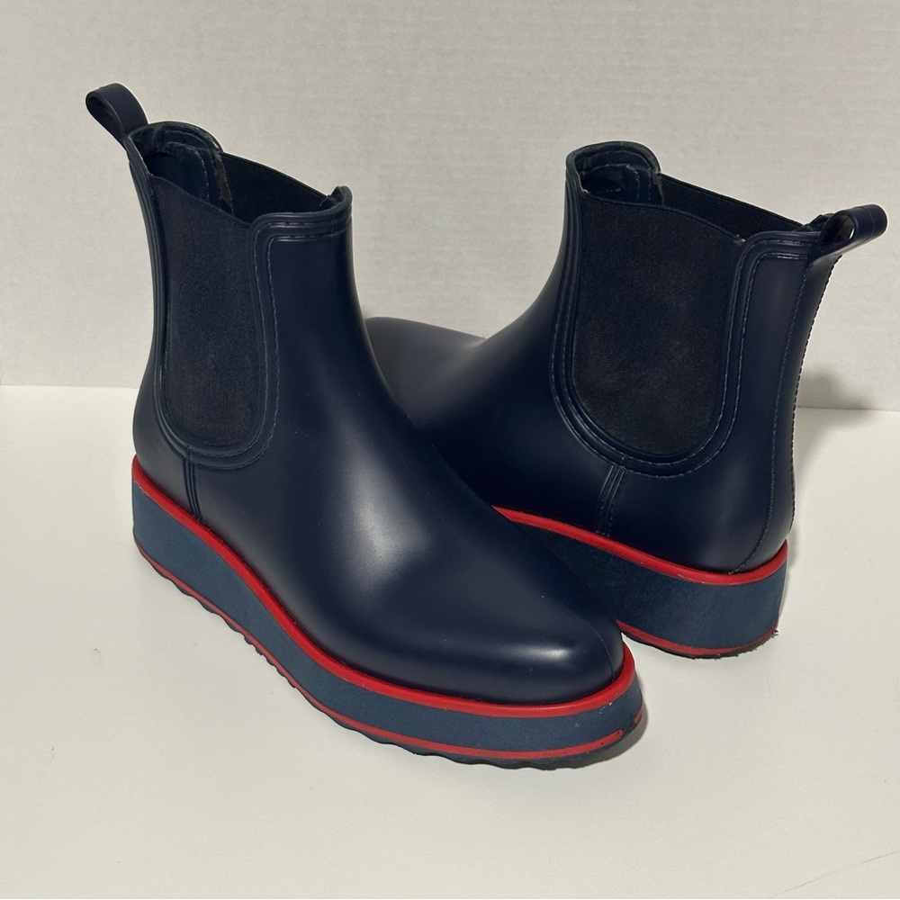 Bernardo Willa Wedge Rain Boots - Navy Blue & Red - Size 9